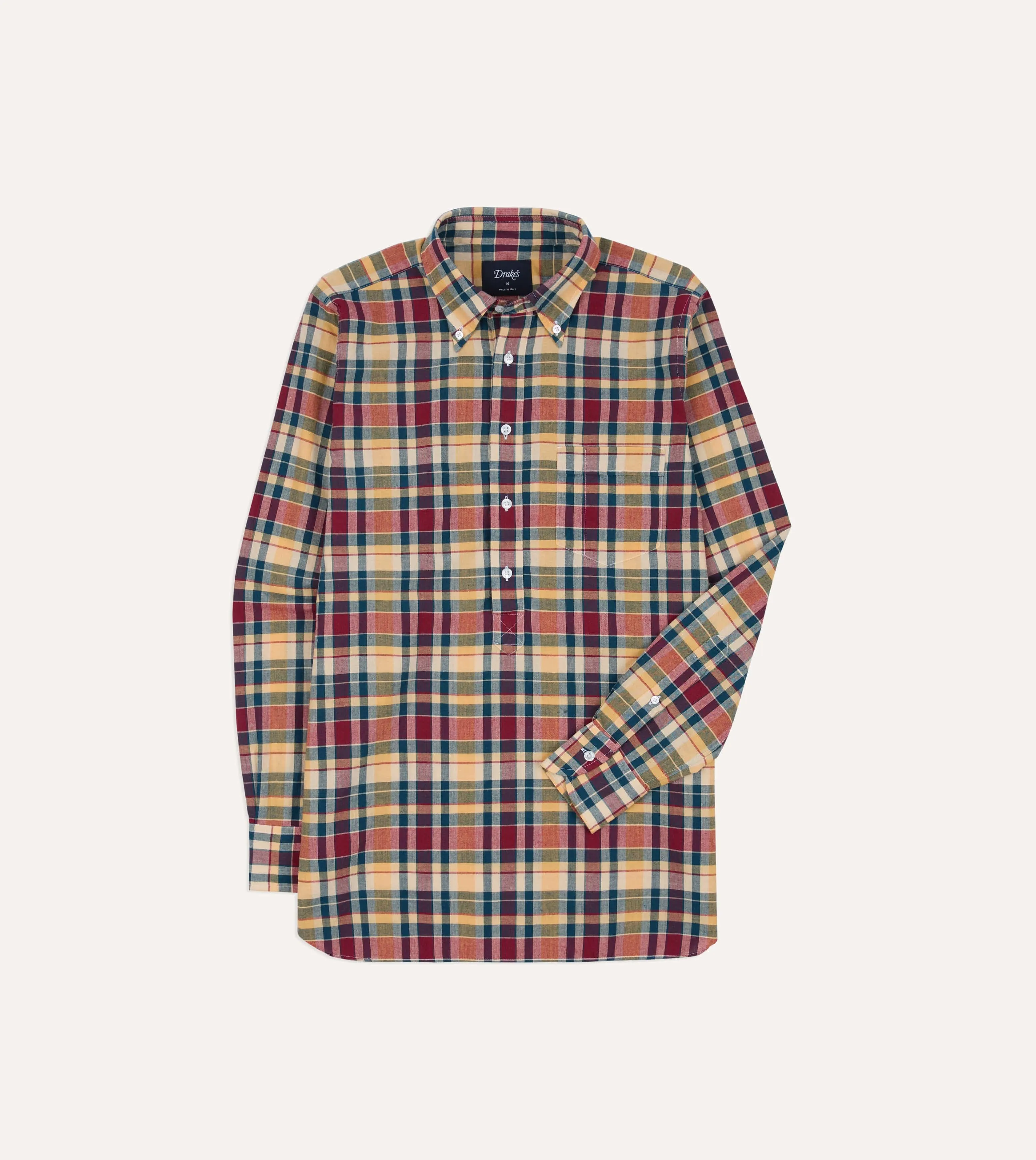 Navy, Yellow and Red Madras Check Cotton Button-Down Popover Shirt sold by Drake's London