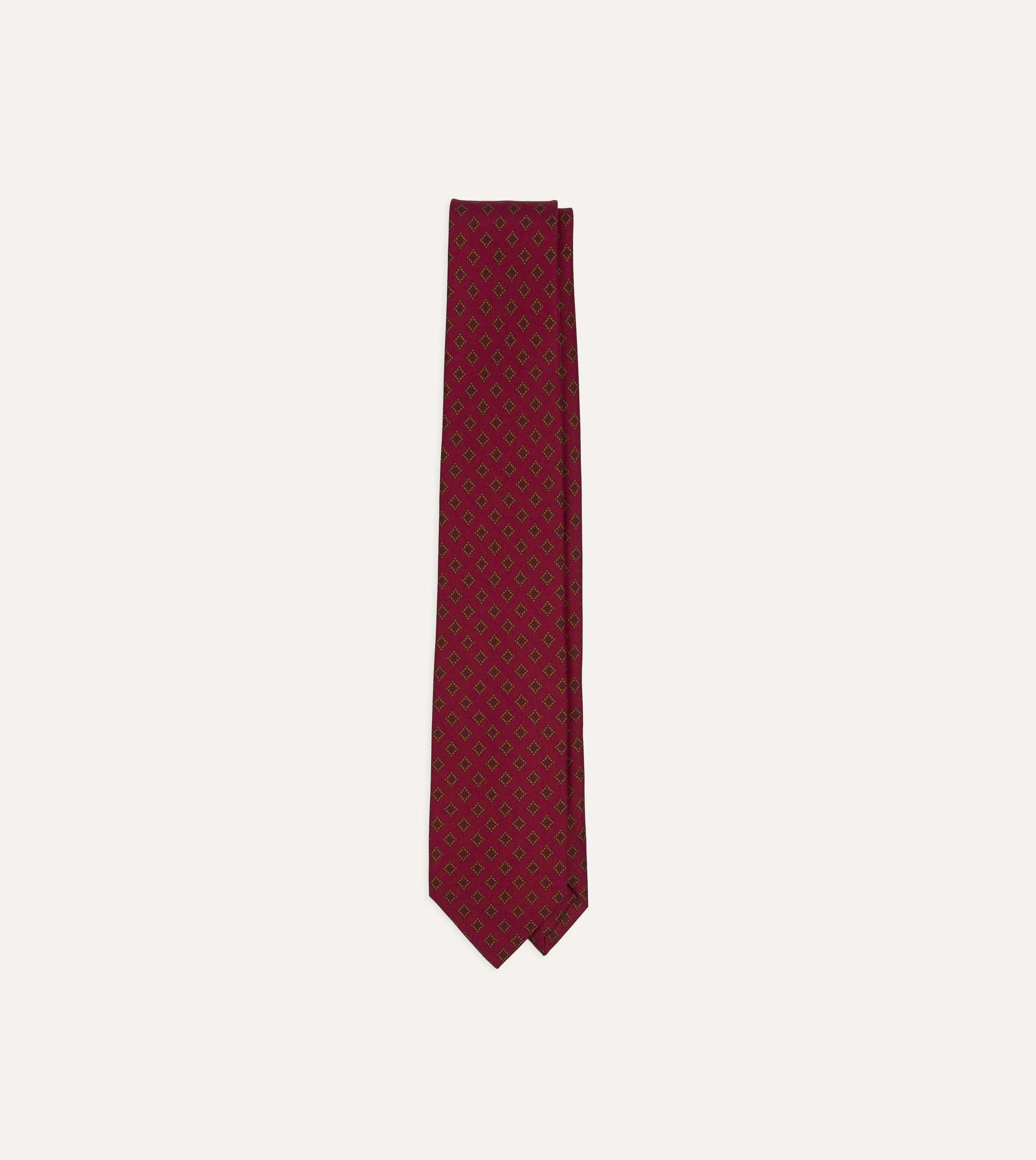 Magenta Diamond Medallion Self-Tipped Silk Tie sold by Drake's London