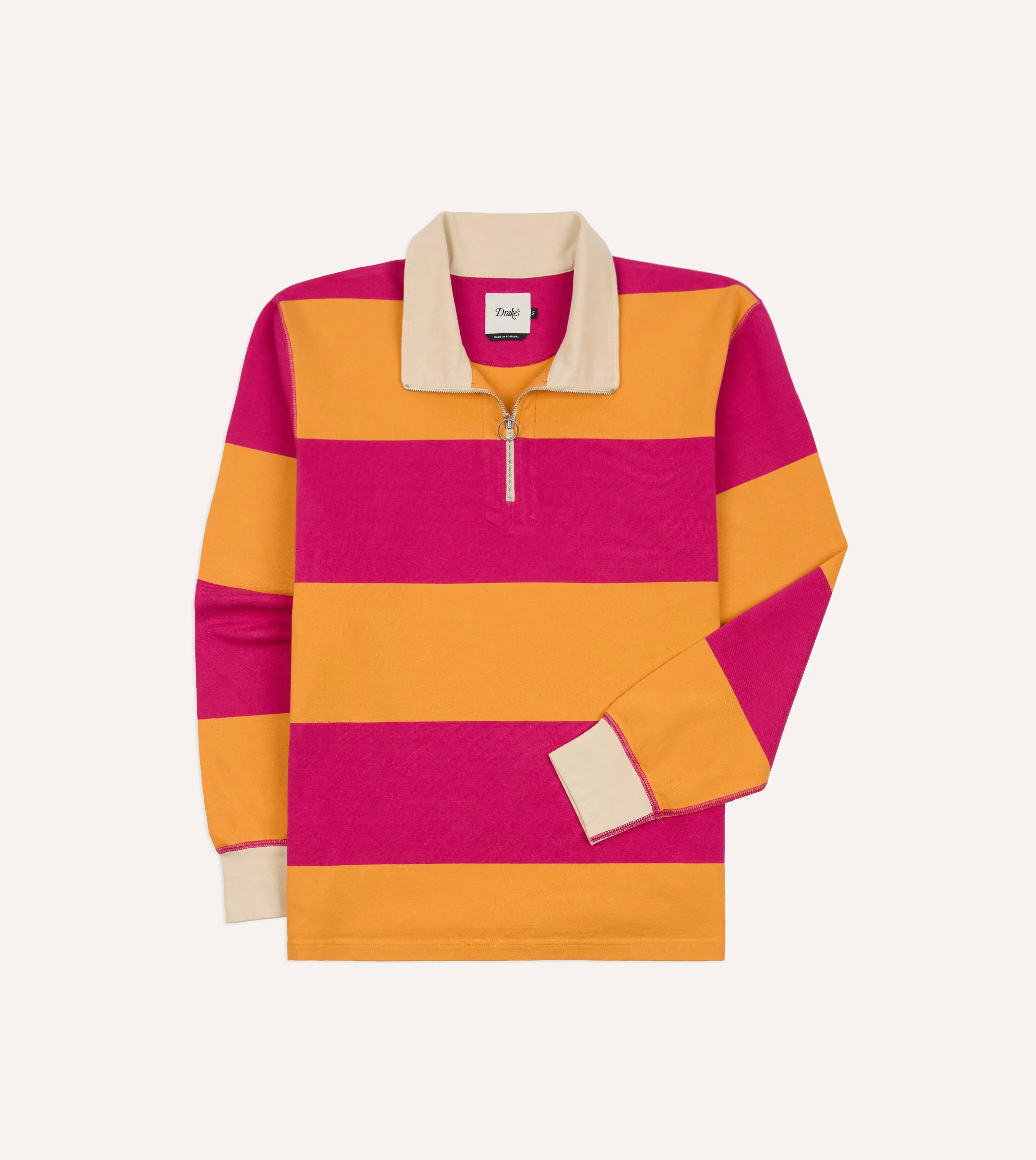 Pink and Orange Block Stripe Cotton Quarter Zip Rugby Shirt sold by Drake's London