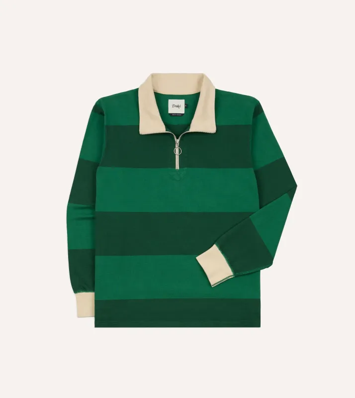 Green Block Stripe Cotton Quarter Zip Rugby Shirt made by Drake's London