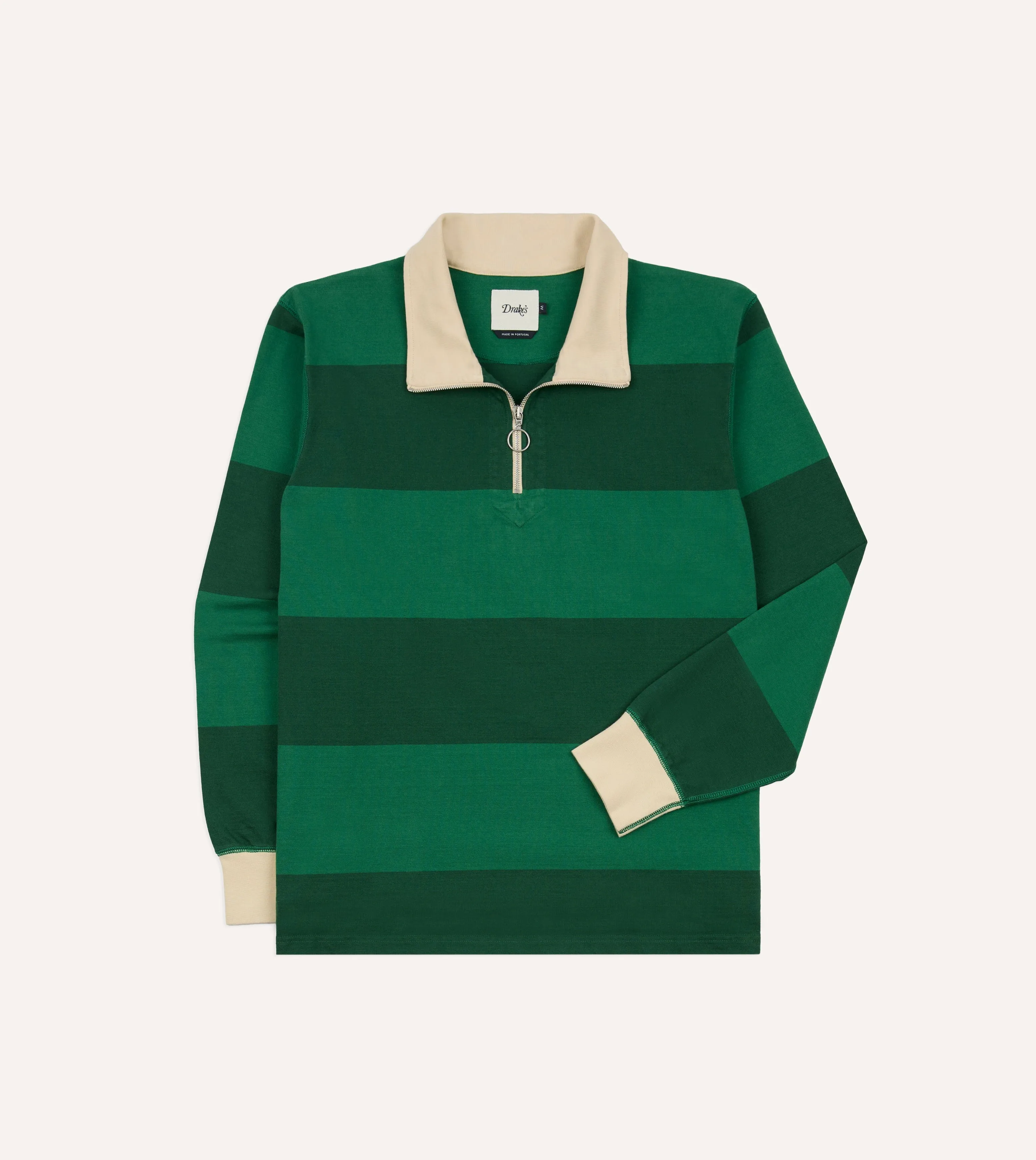 Green Block Stripe Cotton Quarter Zip Rugby Shirt sold by Drake's London