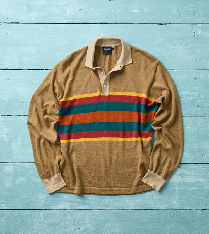 Brown Multi Centre Stripe Linen Cotton Knitted Rugby Shirt sold by Drake's London