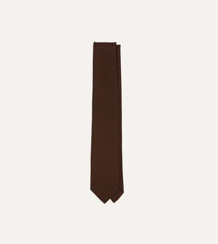 Brown Flower Tile Print Silk Self Tipped Tie sold by Drake's London