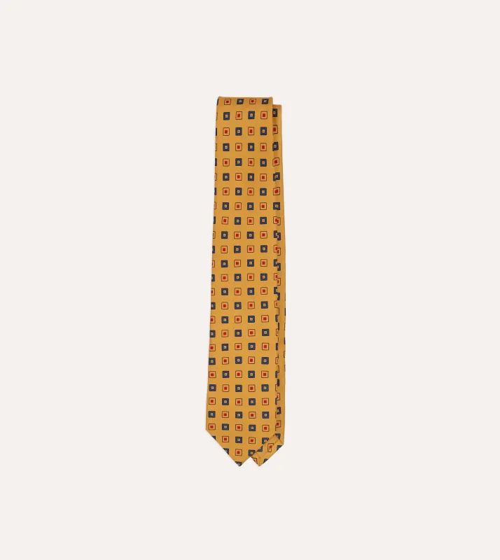 Yellow Geometric Diamond Print Silk Self-Tipped Tie sold by Drake's London