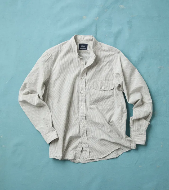 White and Navy Stripe Cotton Mandarin Collar Shirt sold by Drake's London