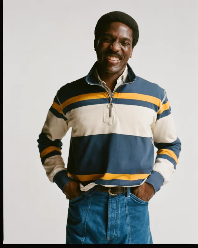 Navy and Yellow Stripe Cotton Quarter Zip Rugby Shirt sold by Drake's London