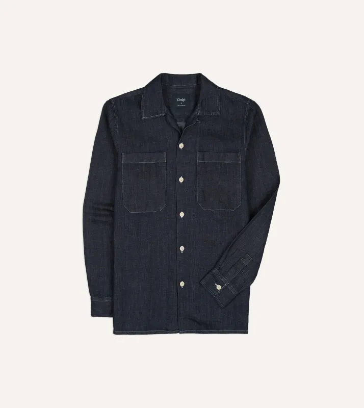 Navy Cotton-Hemp Denim Camp Collar Work Shirt sold by Drake's London