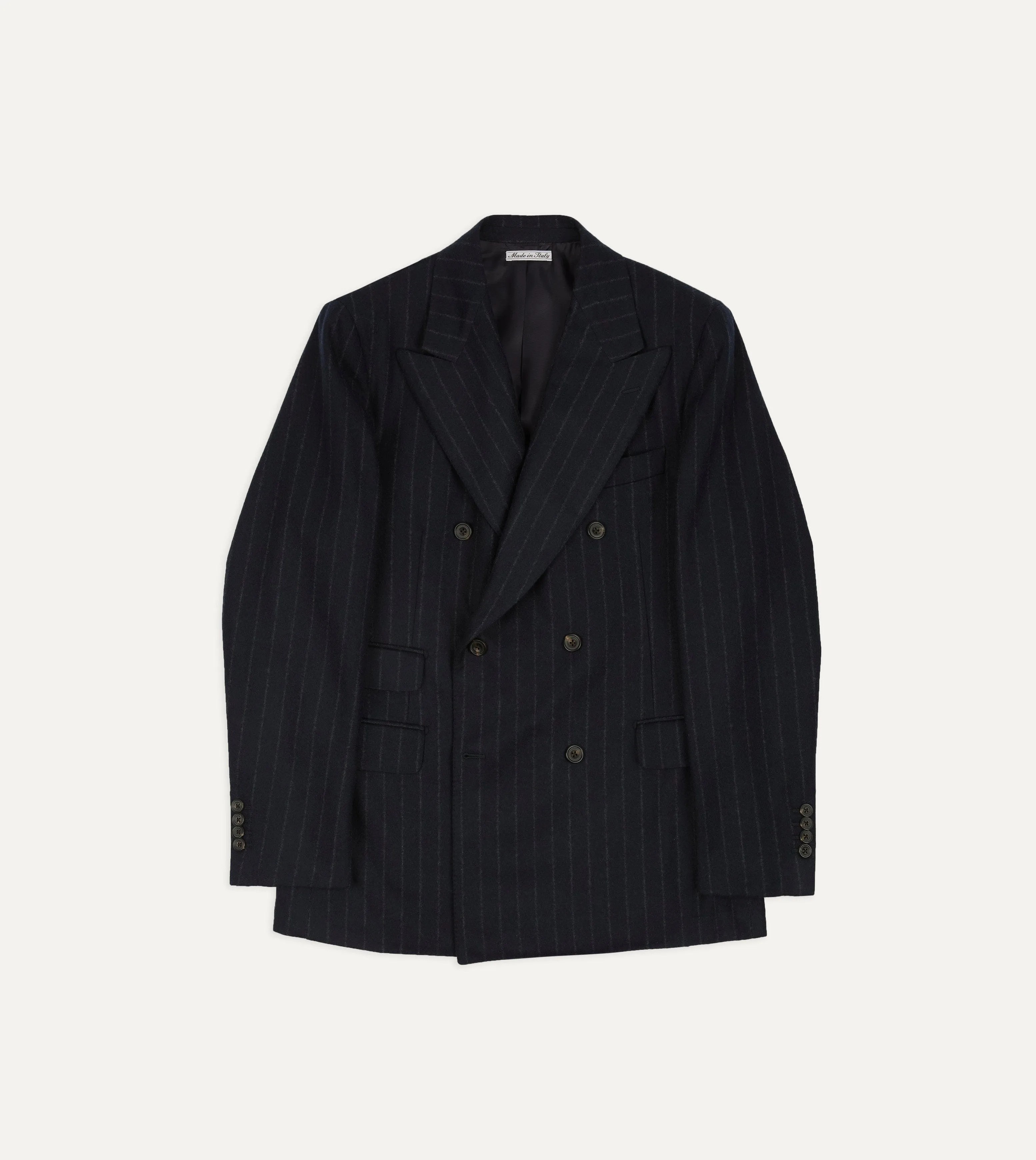 Navy Chalkstripe Wool Flannel Double-Breasted Tailored Jacket sold by Drake's London