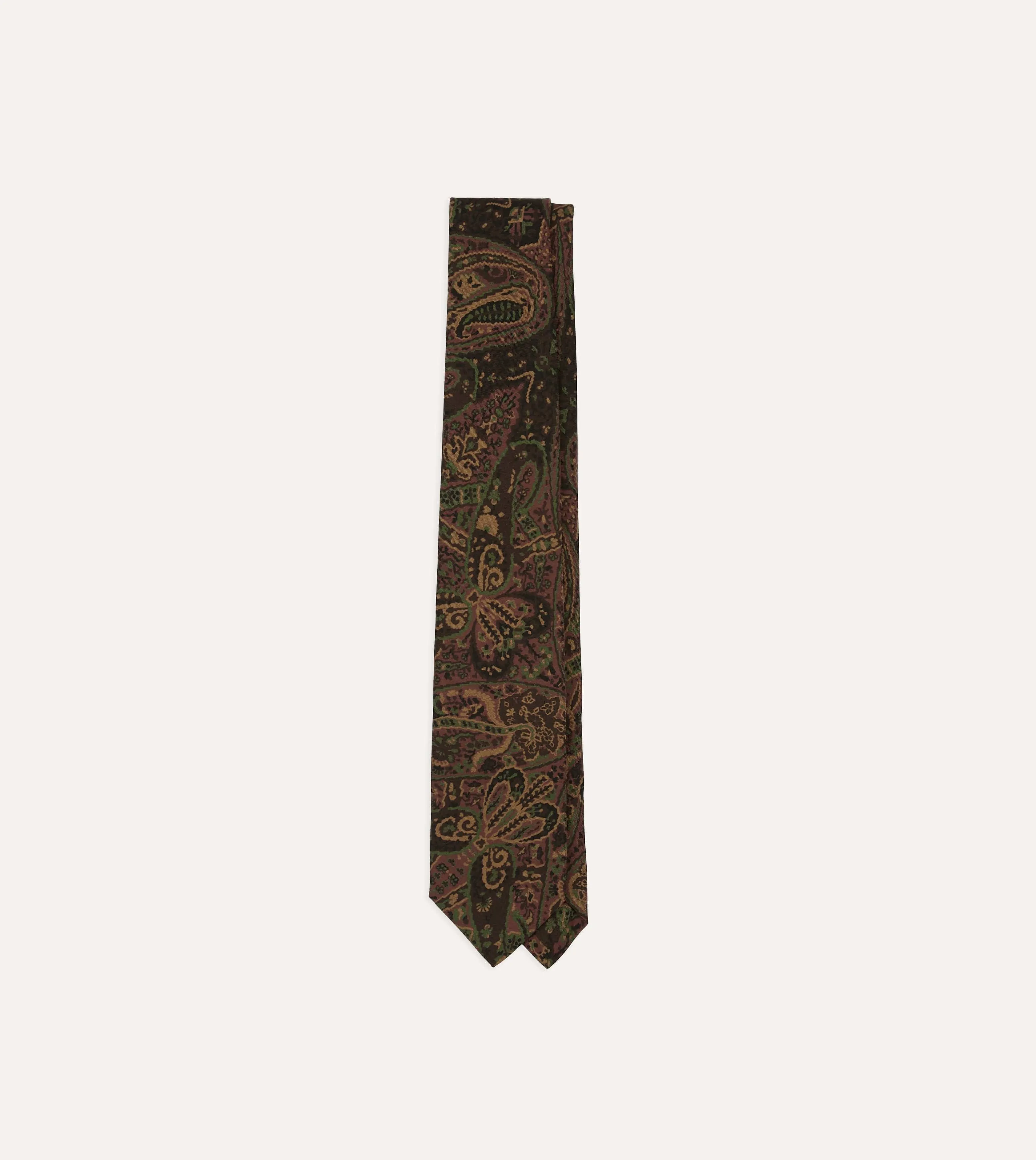 Brown Painted Paisley Wool-Silk Self Tipped Tie sold by Drake's London