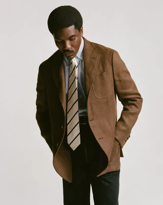 White and Navy Bar Stripe Repp Silk Tipped Tie made by Drake's London