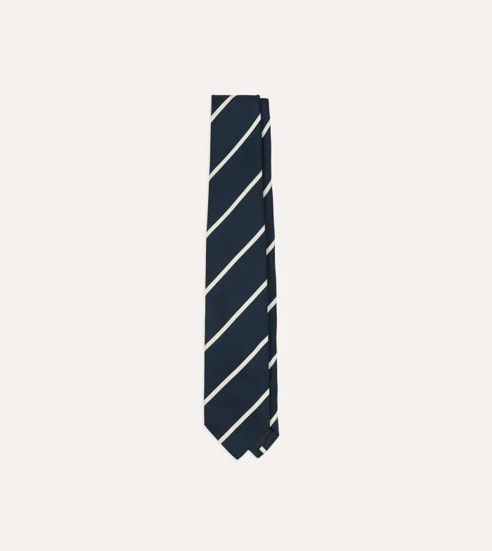 Navy and White Bar Stripe Repp Silk Tipped Tie made by Drake's London
