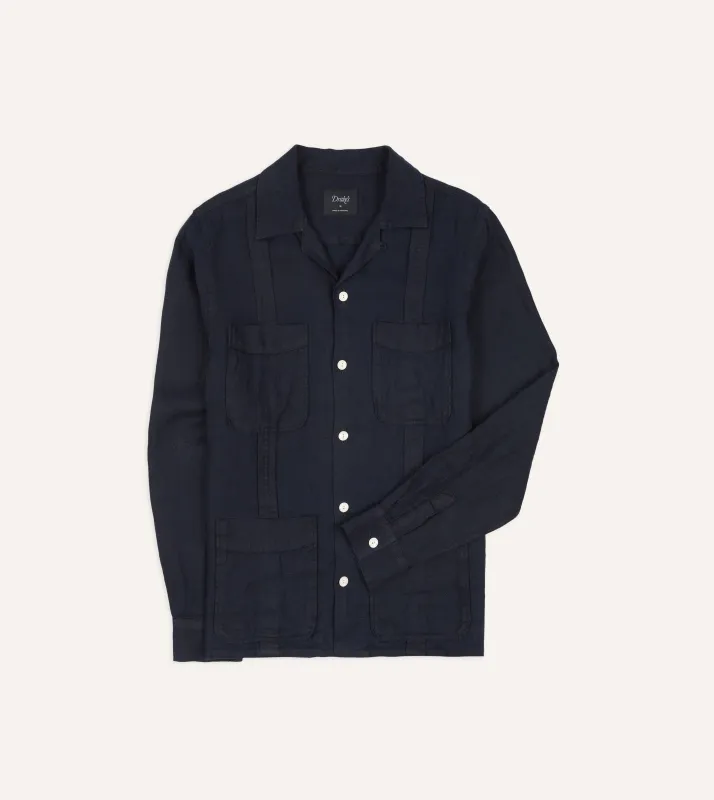 Navy Linen Twill Cuban Shirt made by Drake's London