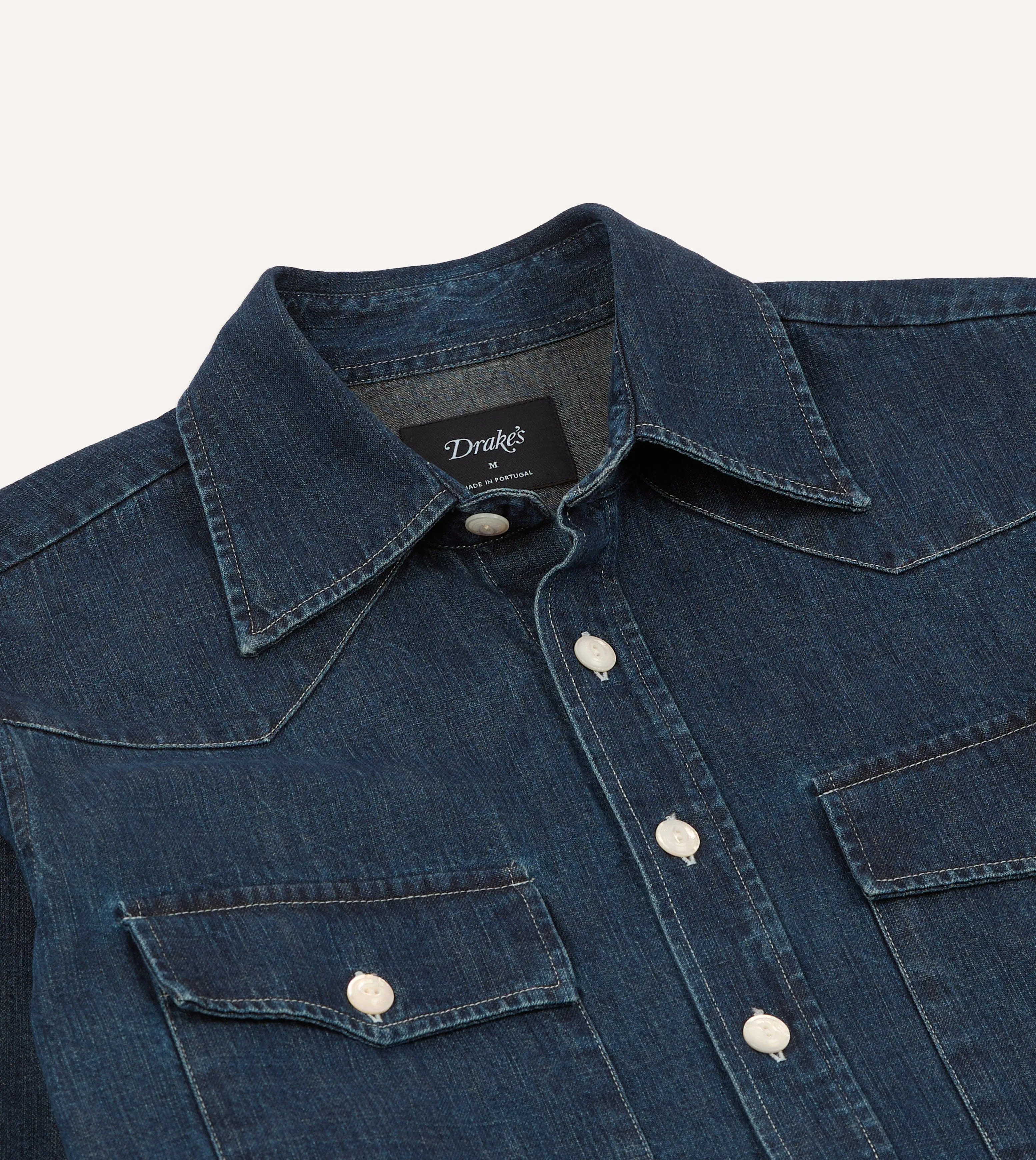 Indigo Rinse Denim Two-Pocket Western Shirt sold by Drake's London product image thumbnail 4