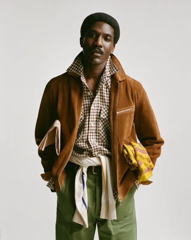 Brown Gingham Check Linen Two-Pocket Western Shirt made by Drake's London