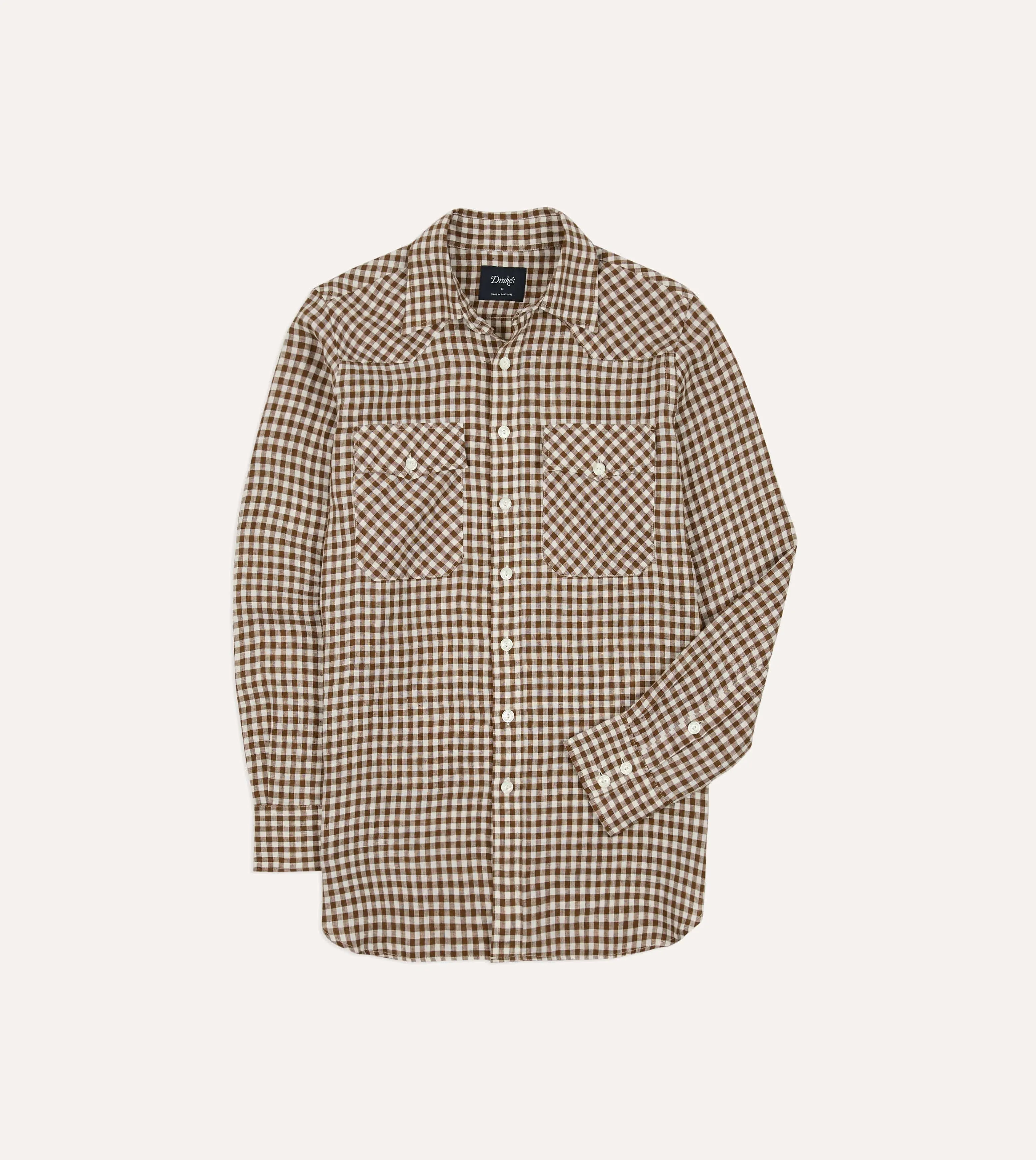 Brown Gingham Check Linen Two-Pocket Western Shirt sold by Drake's London product image thumbnail 3