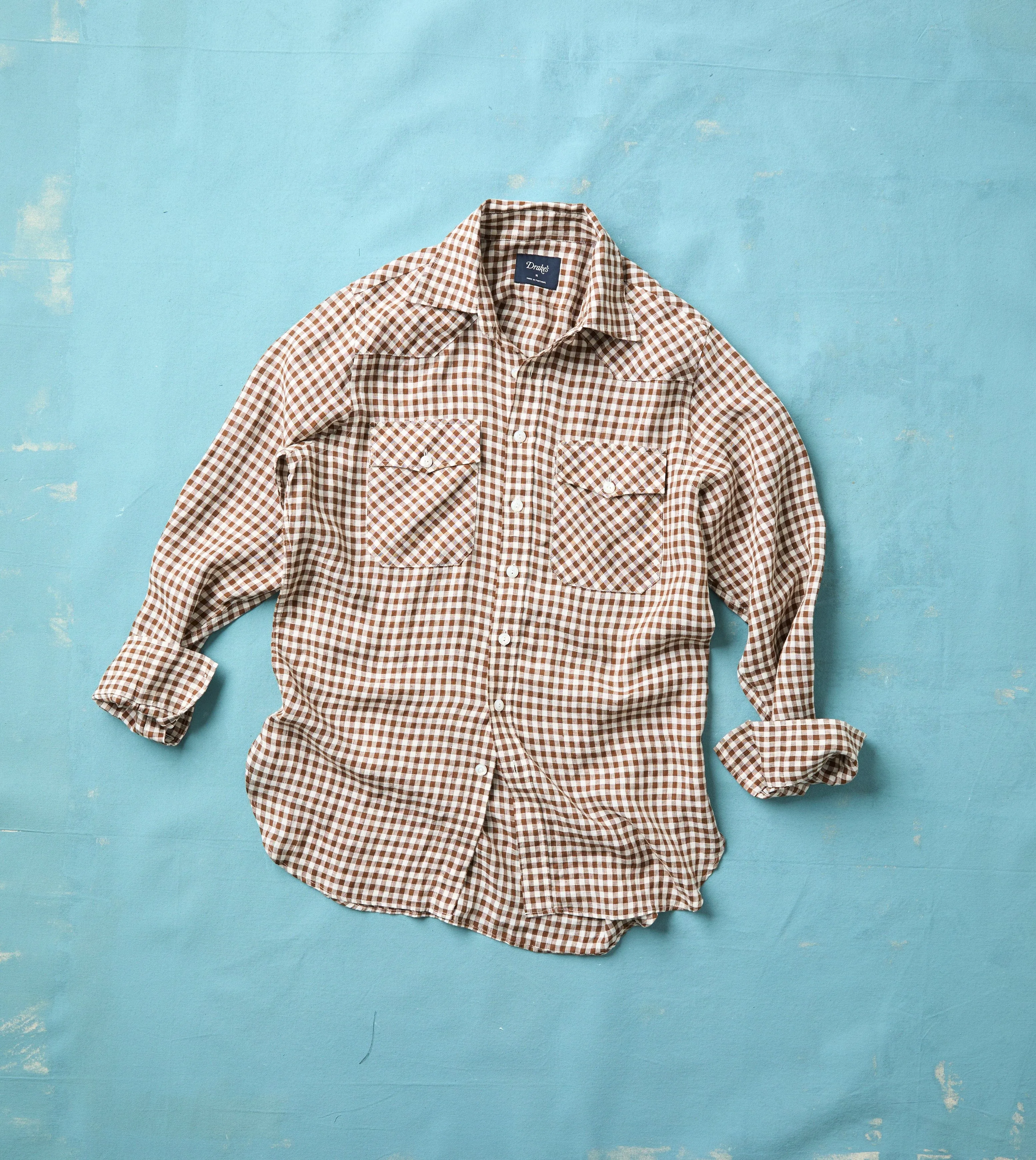 Brown Gingham Check Linen Two-Pocket Western Shirt sold by Drake's London product image thumbnail 2