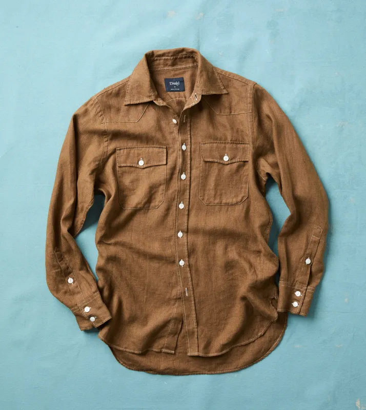 Brown Linen Two-Pocket Western Shirt made by Drake's London