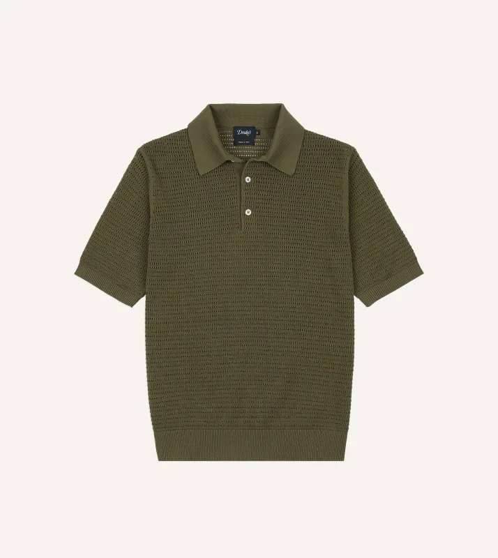 Olive Waffle Knit Cotton Short-Sleeve Polo Shirt made by Drake's London