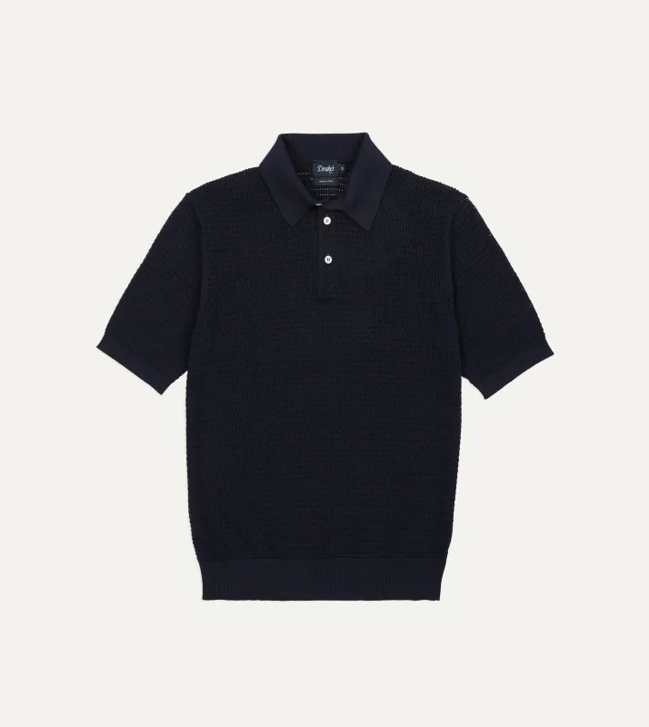Navy Waffle Knit Cotton Short-Sleeve Polo Shirt made by Drake's London