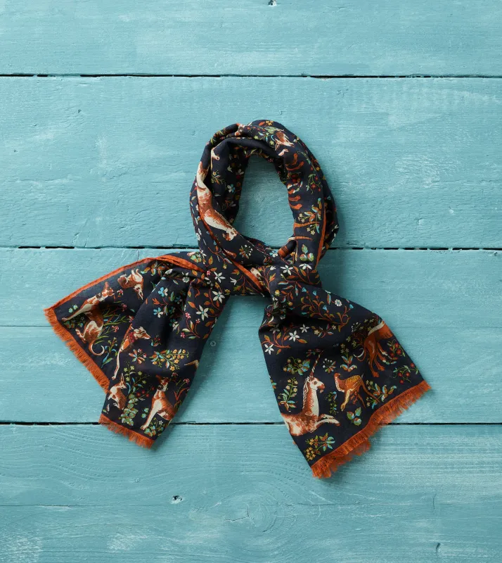 Navy Unicorn Garden Print Tubular Wool-Silk Scarf made by Drake's London