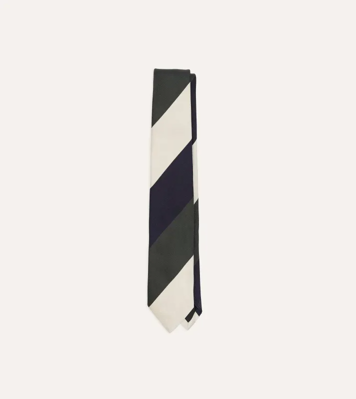 Navy and Ecru Block Stripe Repp Silk Tipped Tie made by Drake's London