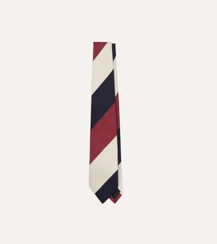 Pink, Ecru and Navy Block Stripe Repp Silk Tipped Tie made by Drake's London