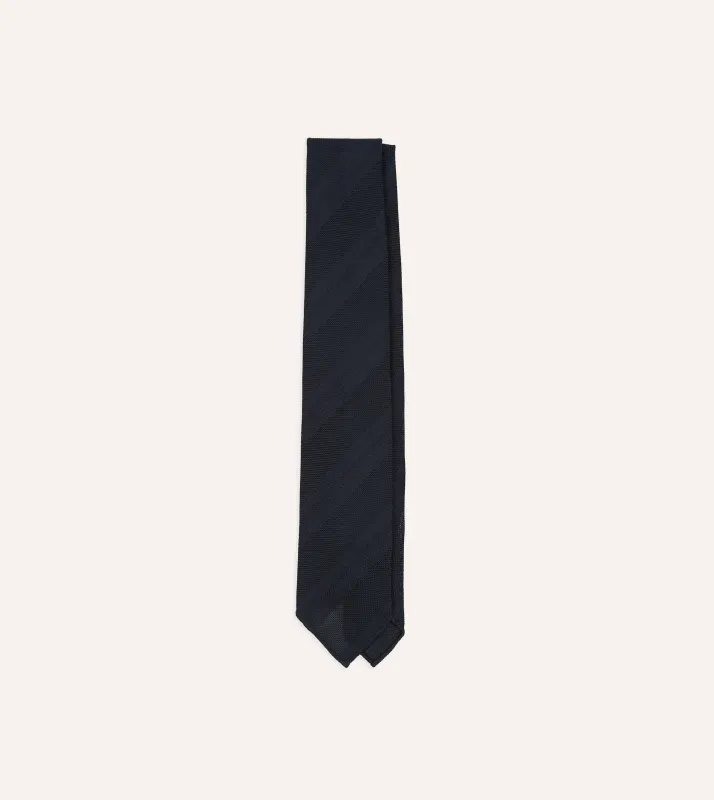 Navy Textured Stripe Hand Rolled Silk Grenadine Tie made by Drake's London
