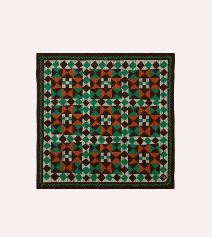 Brown Patchwork Print Wool-Silk Bandana made by Drake's London
