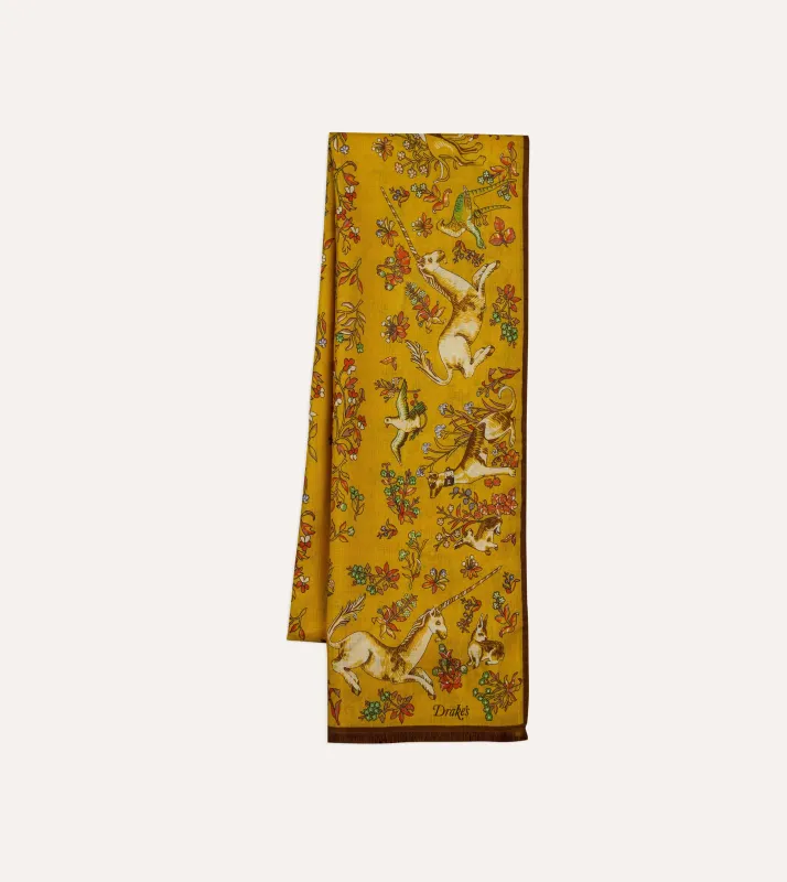 Yellow Unicorn Garden Print Tubular Wool-Silk Scarf made by Drake's London