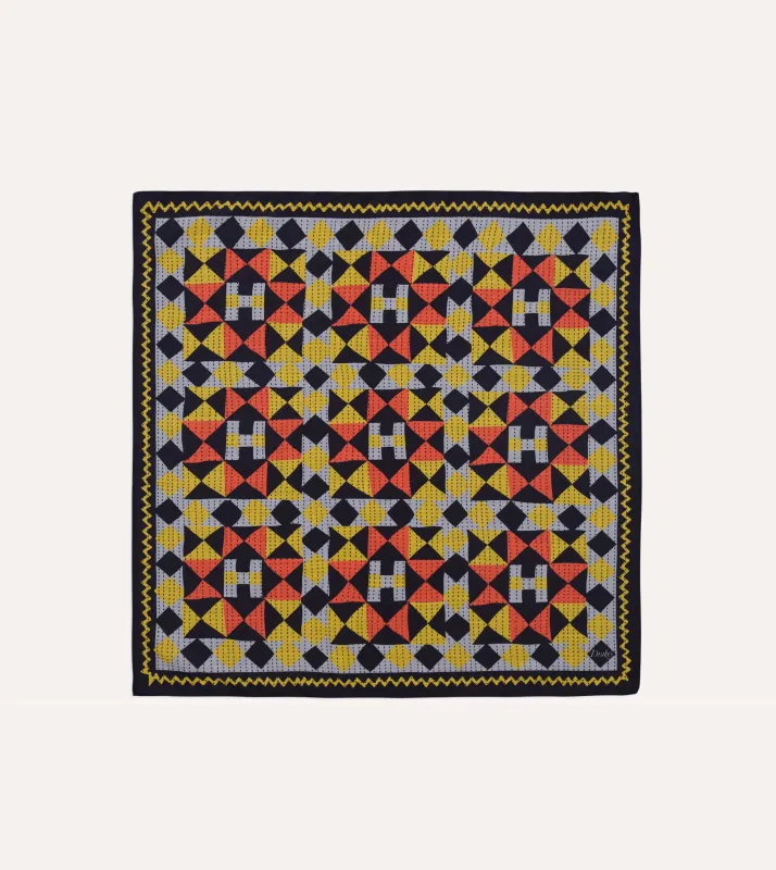 Navy Patchwork Print Wool-Silk Bandana made by Drake's London