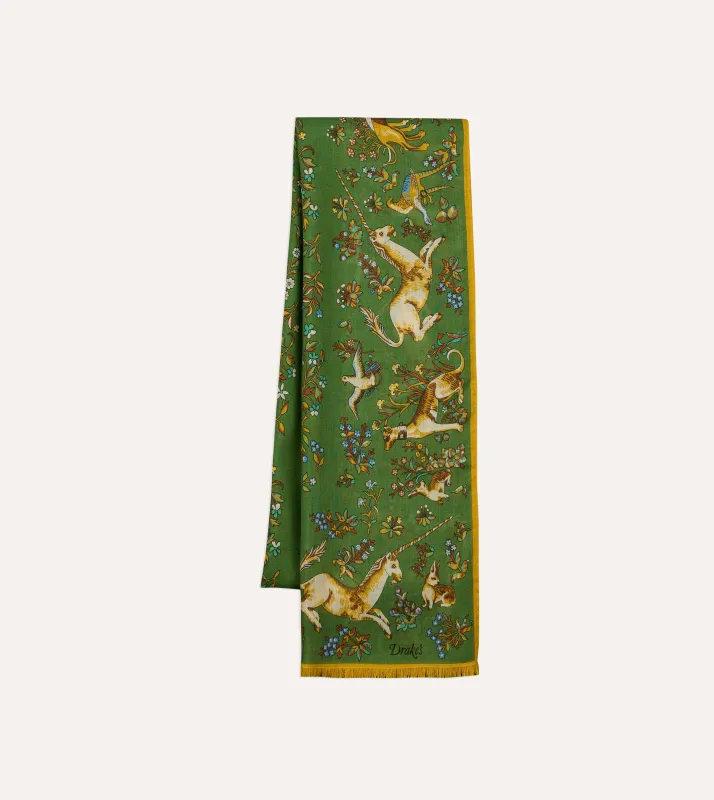 Olive Unicorn Garden Print Tubular Wool-Silk Scarf made by Drake's London