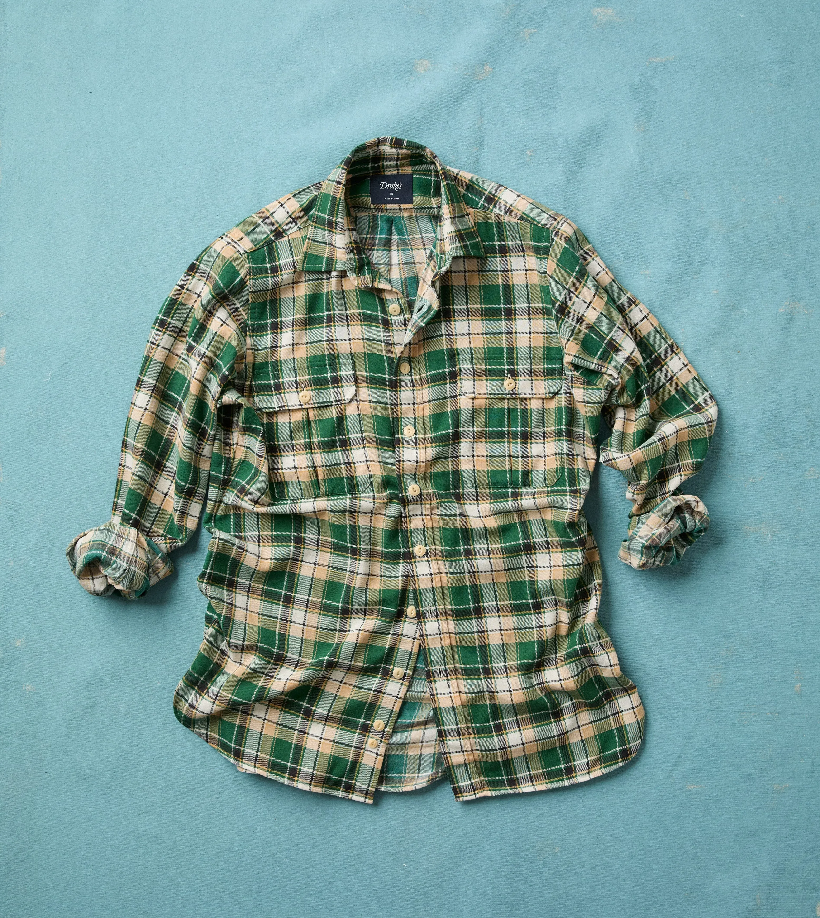 Green Check Cotton Two-Pocket Work Shirt sold by Drake's London
