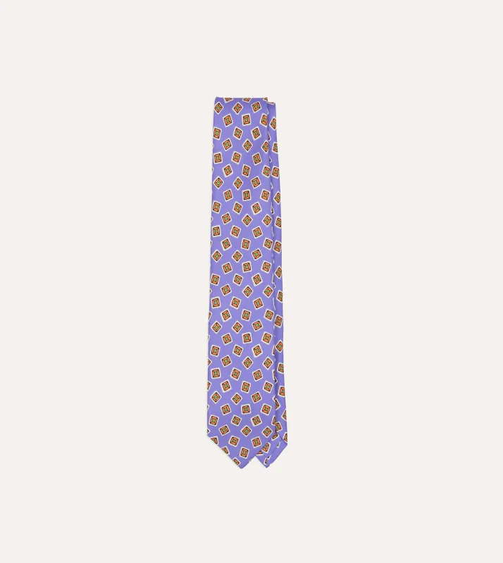 Purple Square Diamond Print Silk Self-Tipped Tie made by Drake's London
