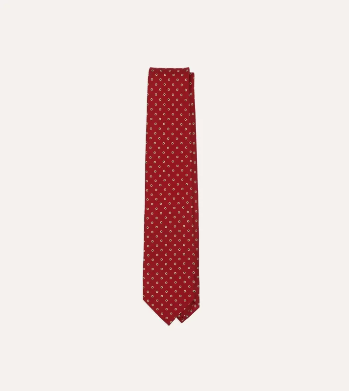 Red Dotted Circle Print Silk Self-Tipped Tie made by Drake's London