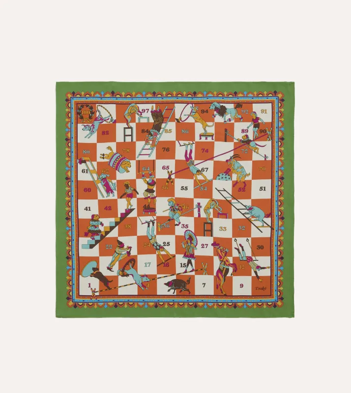 Green Snakes and Ladders Print Silk Bandana made by Drake's London