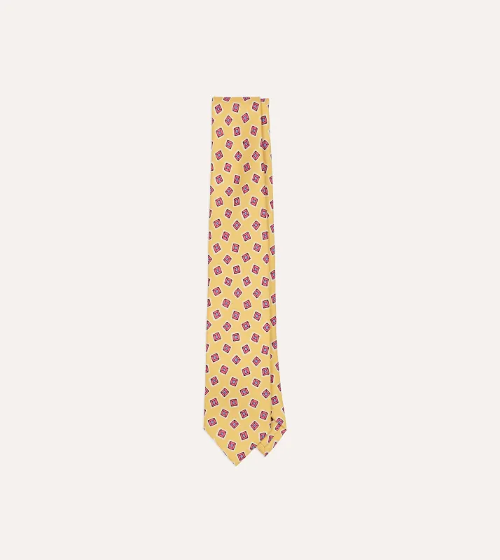 Gold Square Diamond Print Silk Self-Tipped Tie made by Drake's London