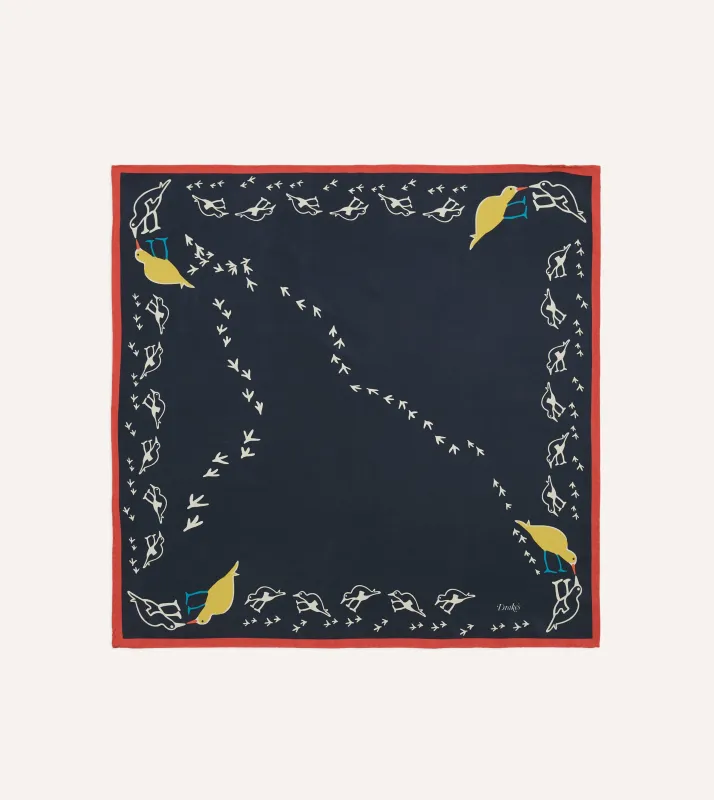Navy Oyster Catcher Print Silk Bandana made by Drake's London