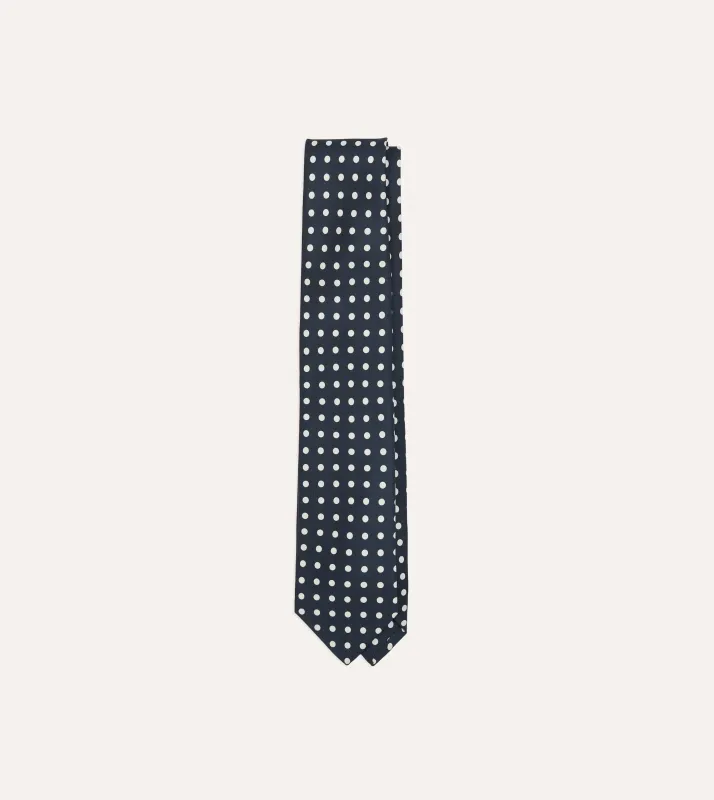 Navy Polka Dots Silk Self-Tipped Tie made by Drake's London