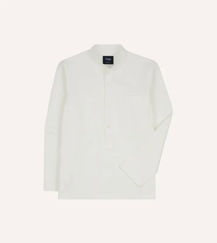 White Herringbone Cotton Mandarin Collar Popover Shirt made by Drake's London