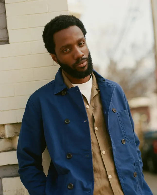 French Blue Cotton Serge Double-Breasted Chore Coat made by Drake's London