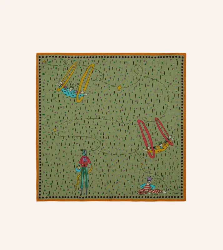 Olive Acrobat Print Wool-Silk Bandana made by Drake's London