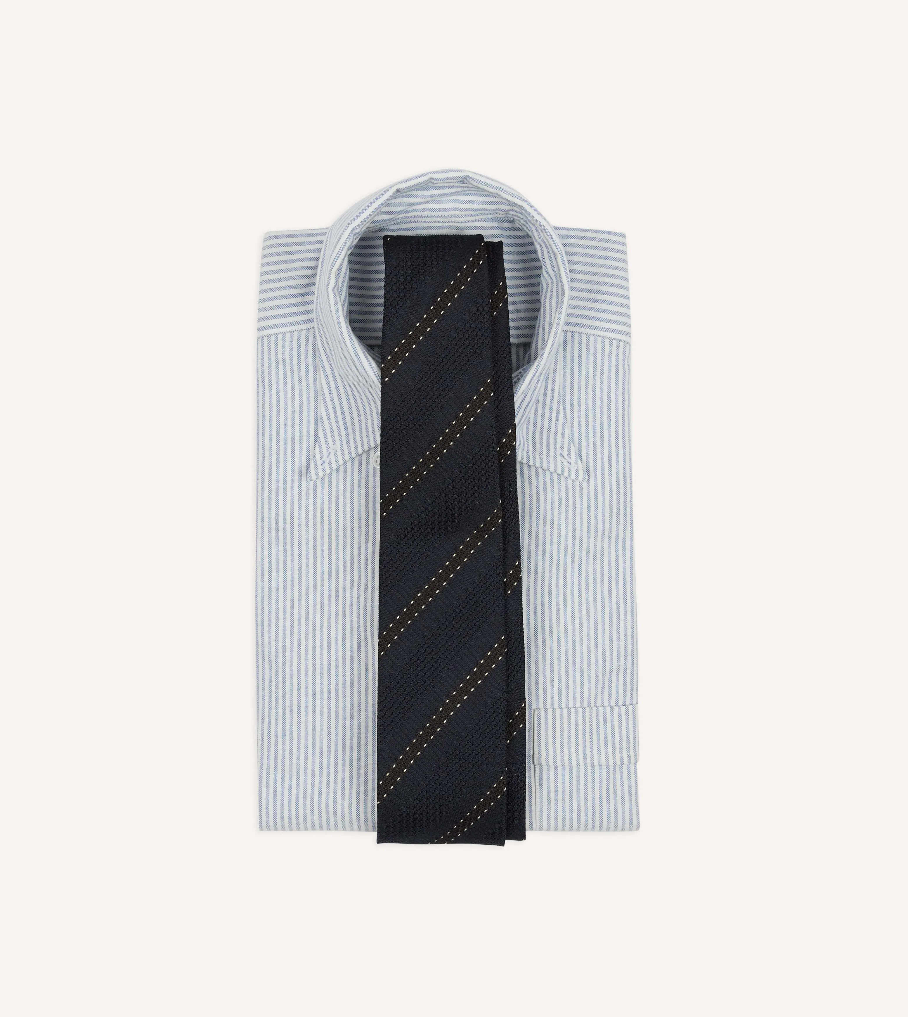 Navy and Brown Stitch Stripe Hand Rolled Silk Grenadine Tie sold by Drake's London product image thumbnail 2
