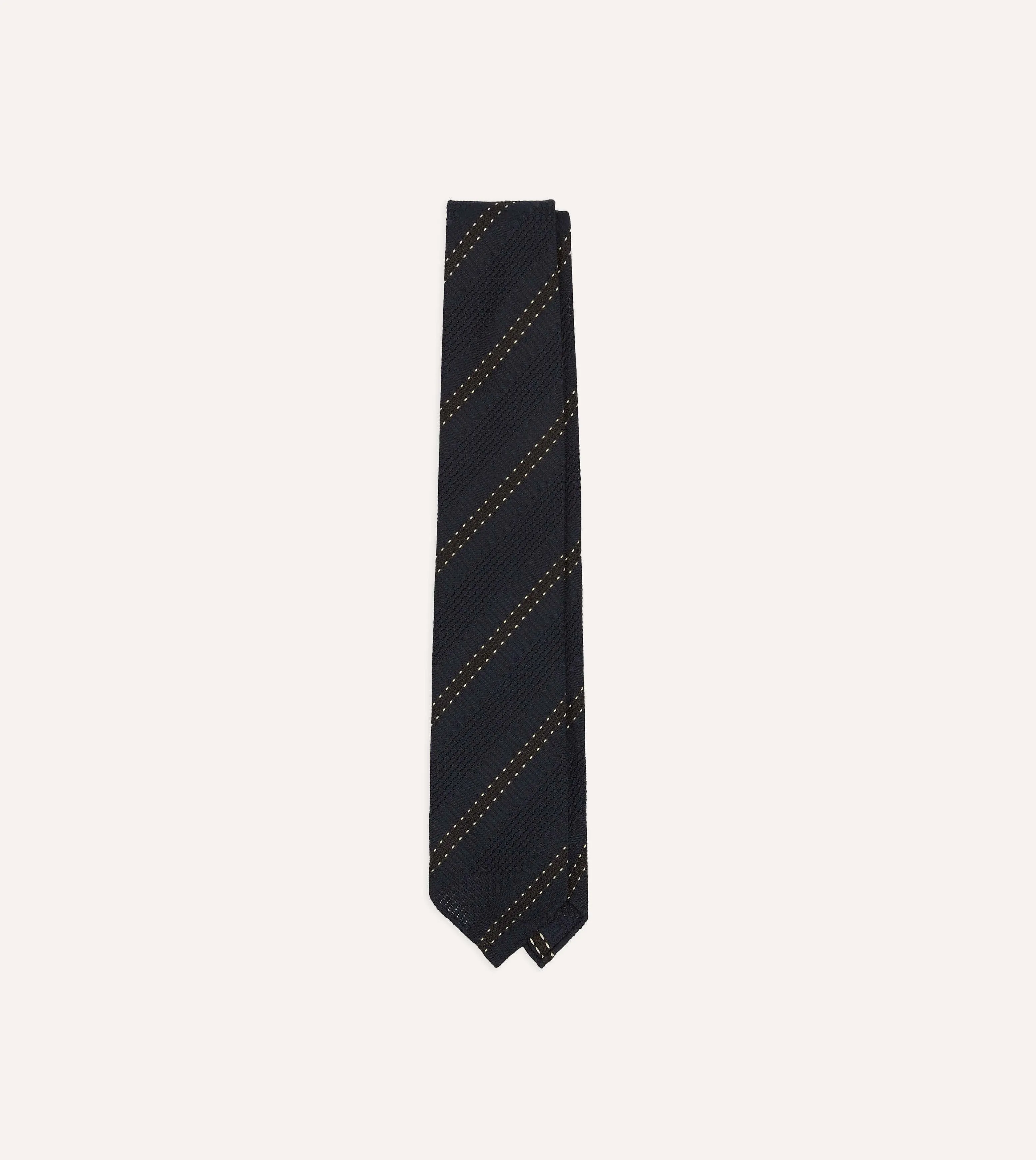 Navy and Brown Stitch Stripe Hand Rolled Silk Grenadine Tie sold by Drake's London