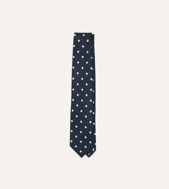 Navy Mini Polka Dot Silk Self-Tipped Tie made by Drake's London