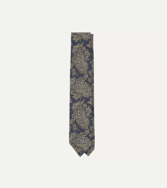 Blue Floral Paisley Print Silk Self Tipped Tie made by Drake's London