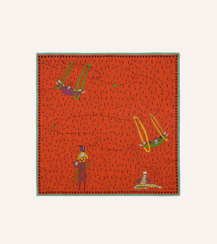 Red Acrobat Print Wool-Silk Bandana made by Drake's London
