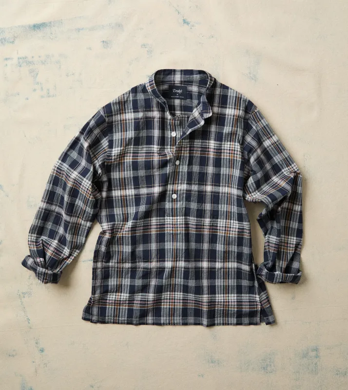 Navy, White and Yellow Madras Check Cotton Mandarin Collar Popover Shirt made by Drake's London