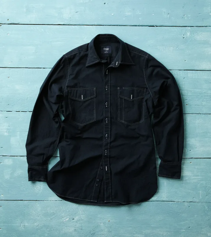 Navy Contrast Stitch Cotton-Linen Two-Pocket Work Shirt made by Drake's London
