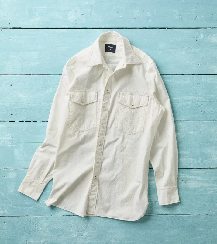 White Cotton-Linen Two-Pocket Work Shirt made by Drake's London