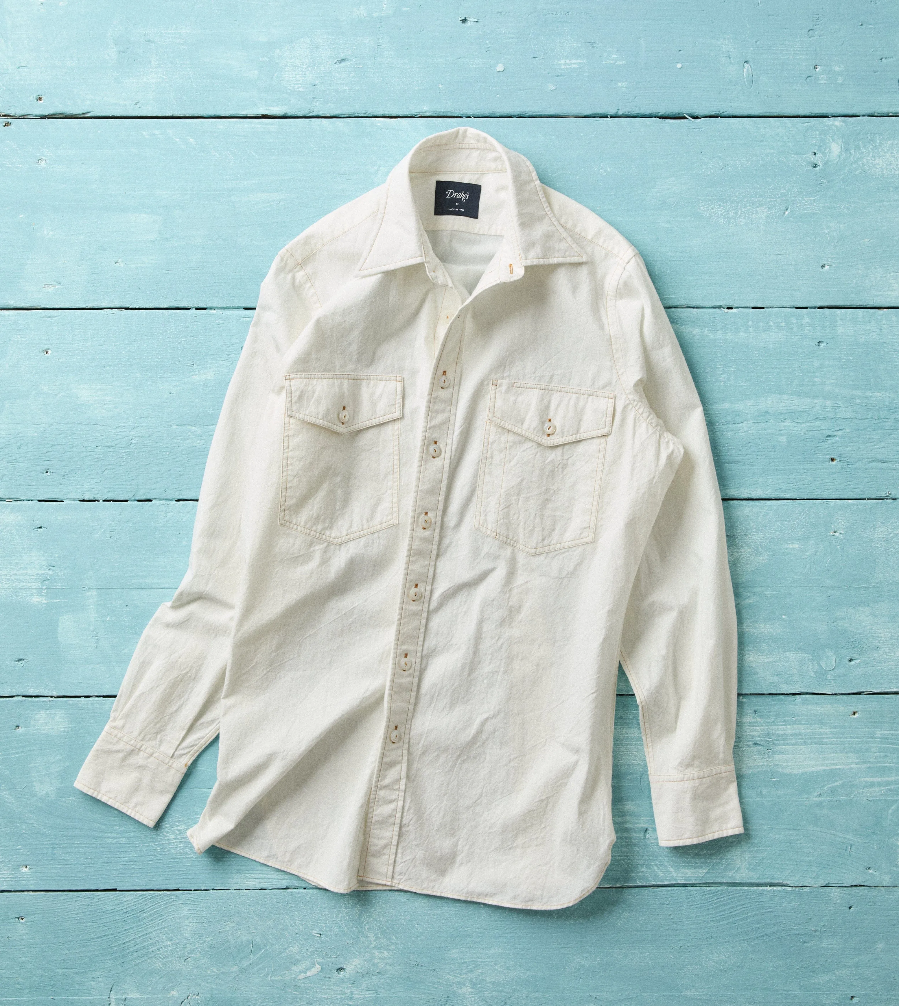 White Cotton-Linen Two-Pocket Work Shirt sold by Drake's London